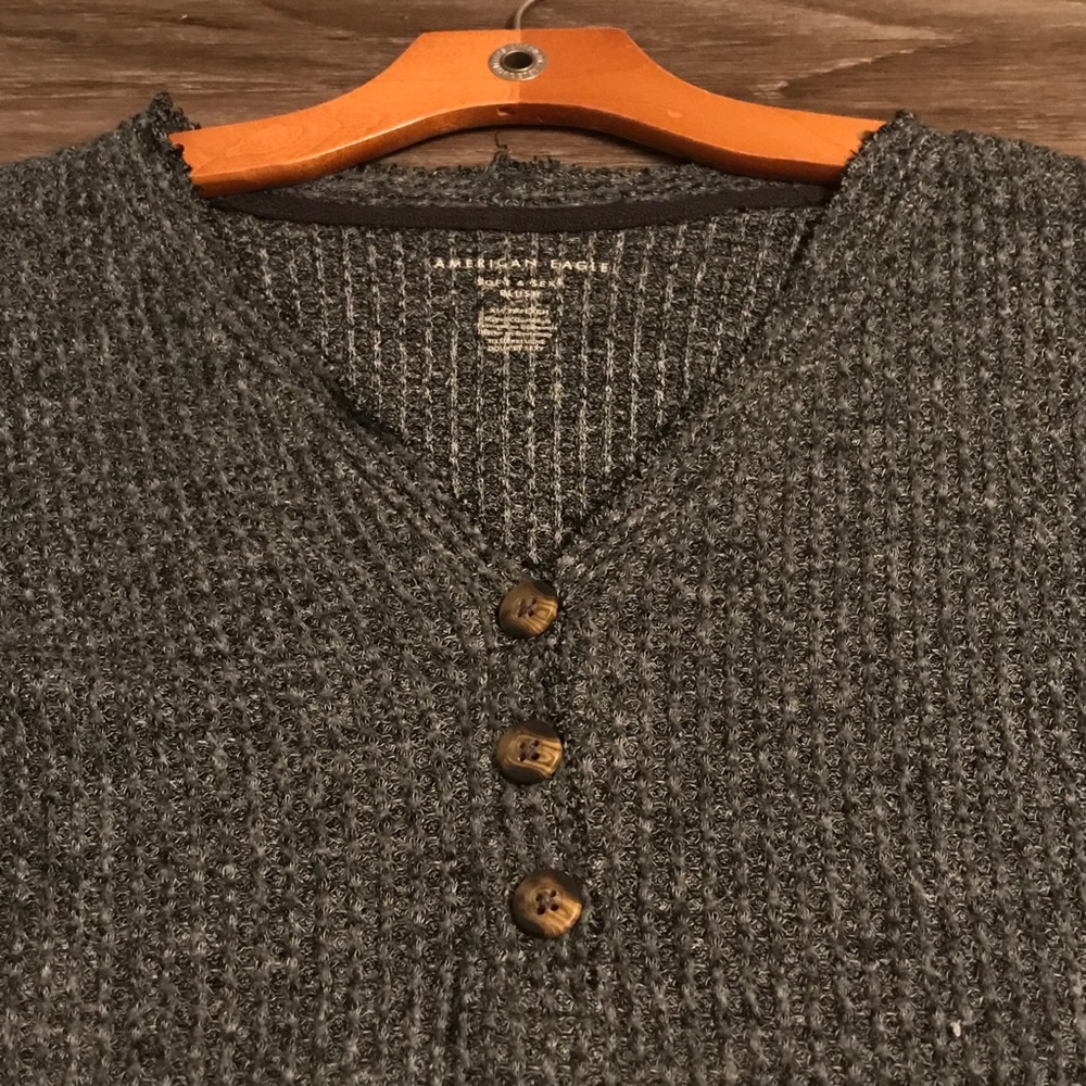 Grey Long sleeve Waffle V Neck Button Sweater